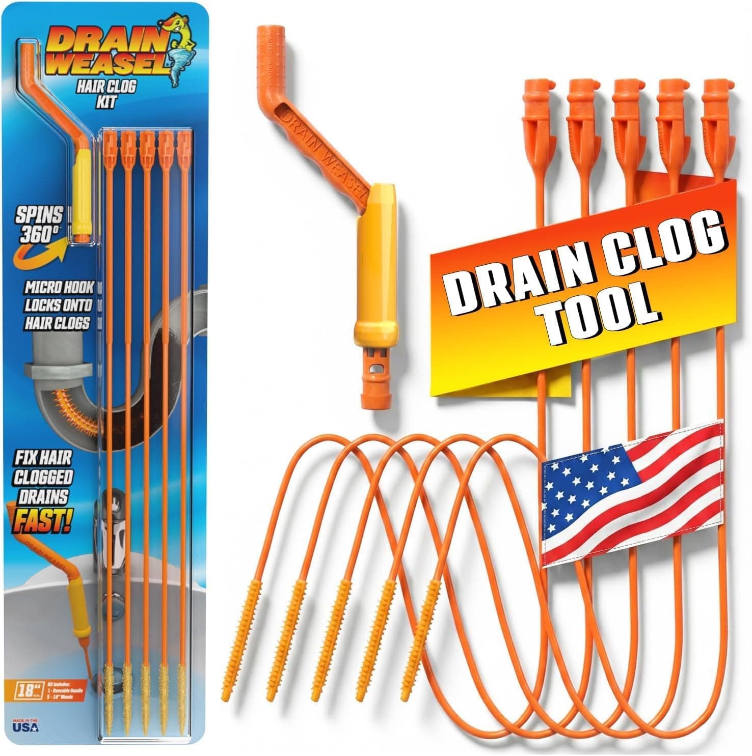 FlexiSnake Drain Weasel Hair Clog Remover Kit for Shower & Bath Drains